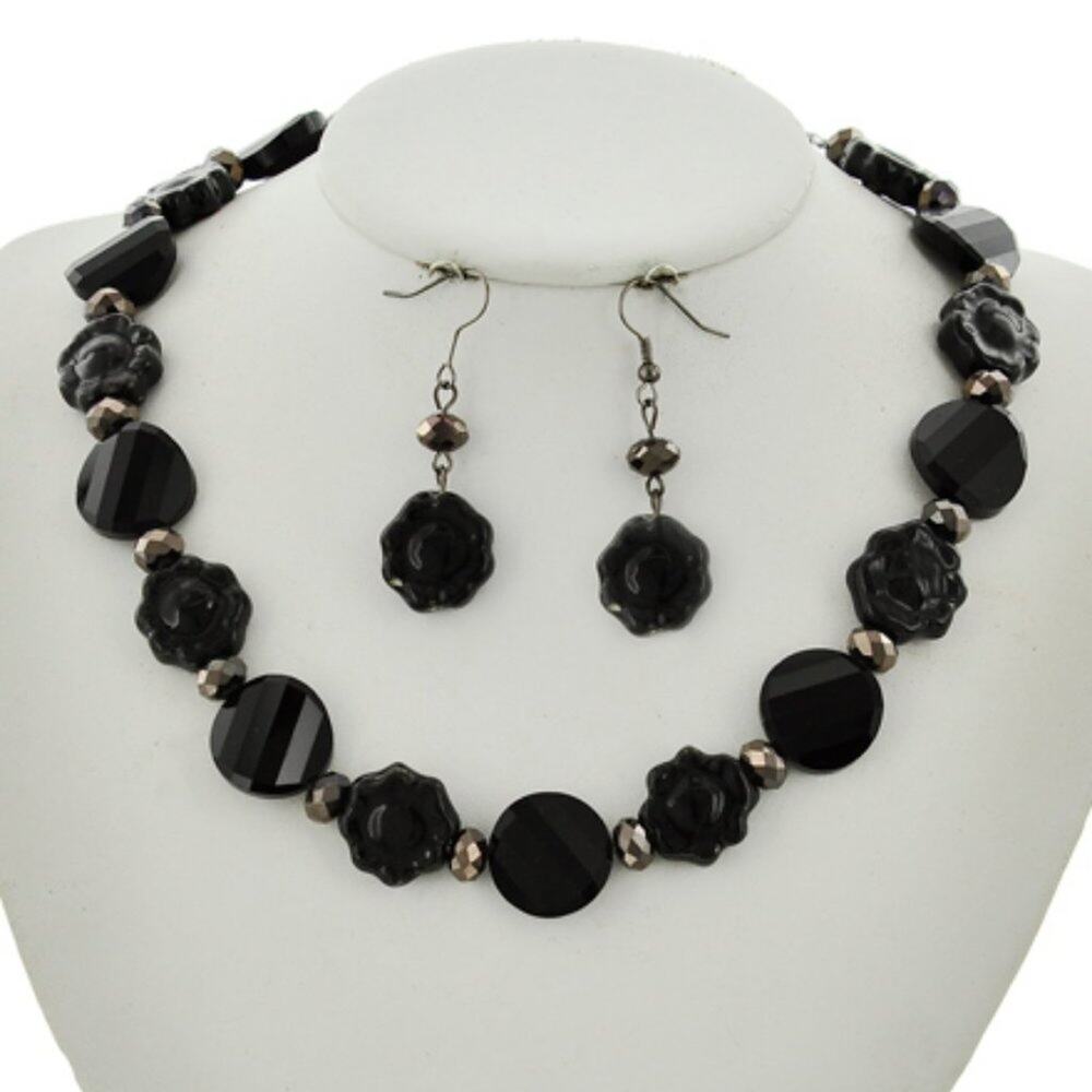 Hematite Tone Black Glass & Ceramic Necklace & Earring Set